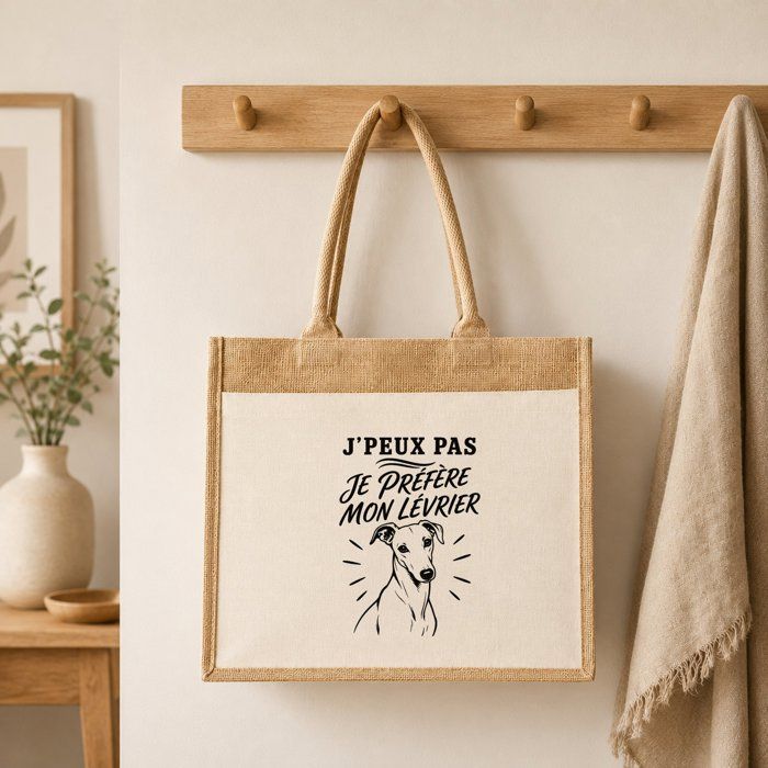 Sac cabas - PLANETEE - J'peux pas je préfère mon Lévrier - Toile de jute & coton - 21 L (43×33×21 cm) - Illustration trait noir