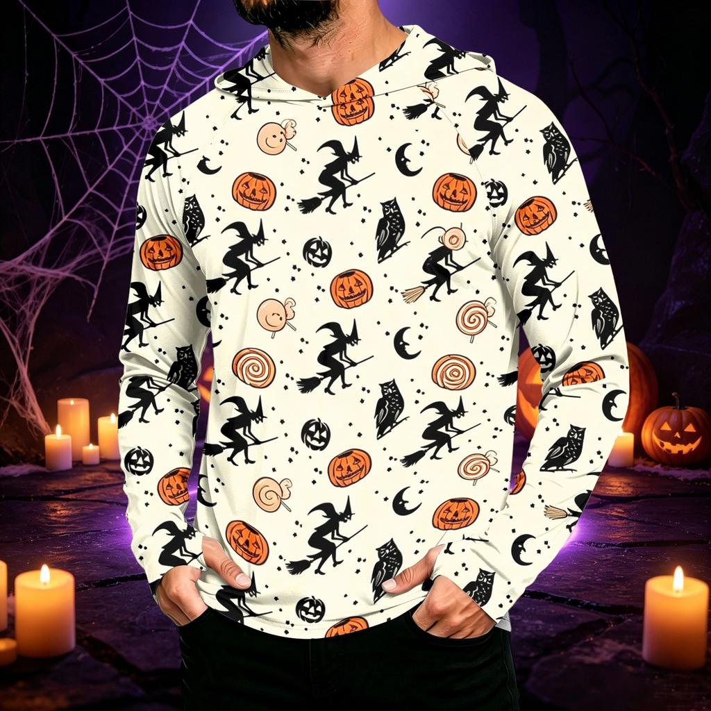 Men's Long Sleeve Sun Hoodie with Halloween Print for Outdoor Activities