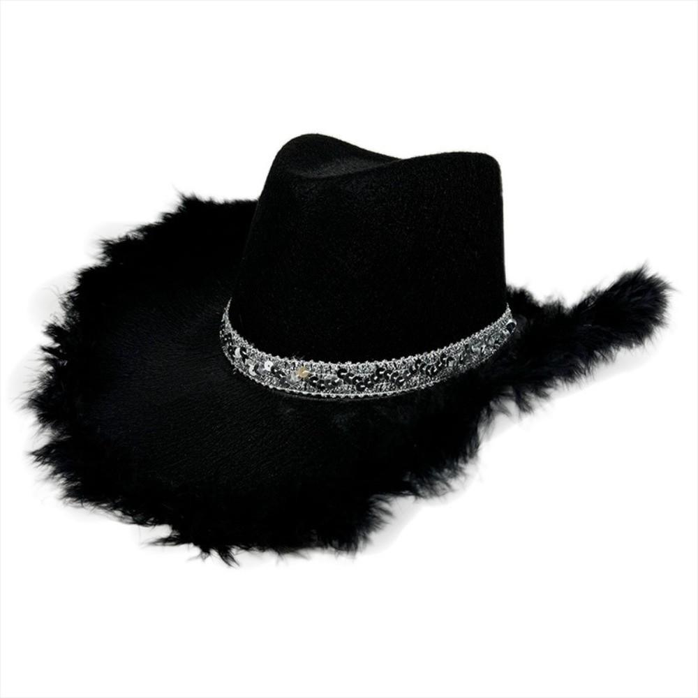 Furry Trim Western Cowboy Hat Solid Color Top Hat Fashion Sequin Cowgirl Hat Stage Performance