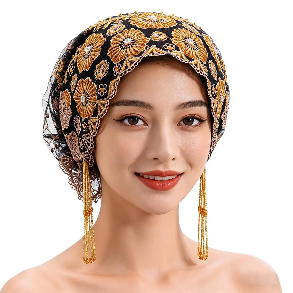 Turban Hat for Women Lace Bead Muslim Hijab Beanie Cap Shinny Bonnet Hat With Beaded Fringe Women's Head Wraps Floral Embroidery Beaded Headwrap Cover