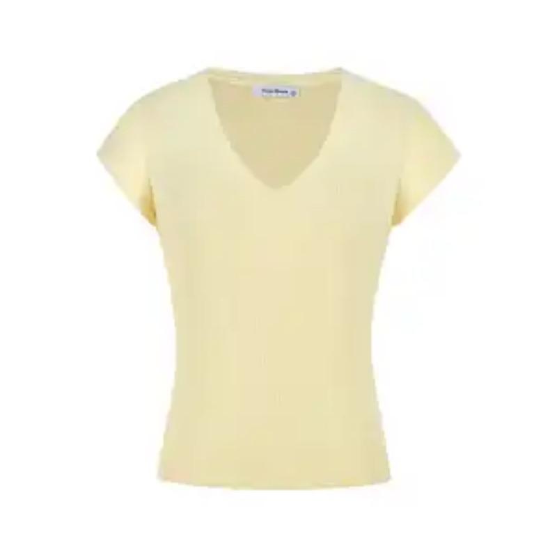Women's V-Neck Knit Top Ribbed Fabric with Cap Sleeves Slim Fit