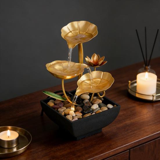 Yousheng Gold Tabletop Water Fountain 3-Tier Waterfall Fountain with Light Indoor Lotus Desktop Small Fountain with Rocks for Zen Home Office Bedroom