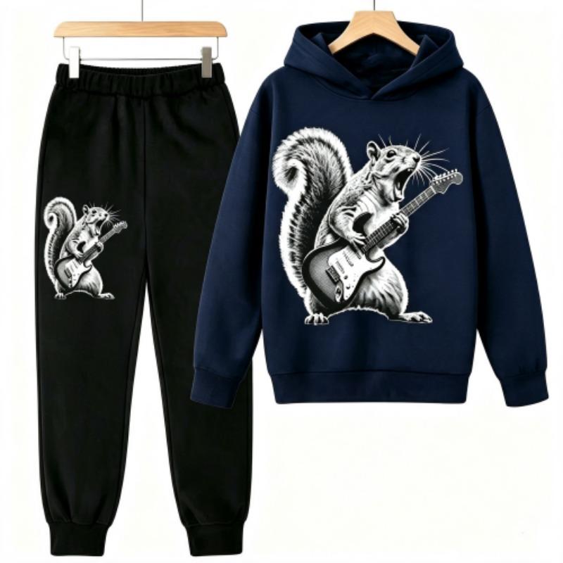 Fashion Rock Squirrel Guitar Player Animal Squirrel Print Kids Pullovers Pants 2-piece Set Street Casual Fashion Hoodies Vintage Boy's Girl Clothes