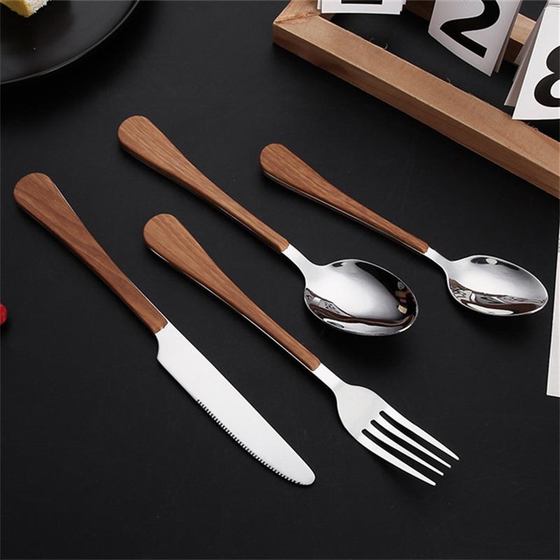 New Stainless Steel Cutlery Set with Imitation Wooden Handle Western Household Spoon Knife Fork Dinnerware Kitchen Tableware