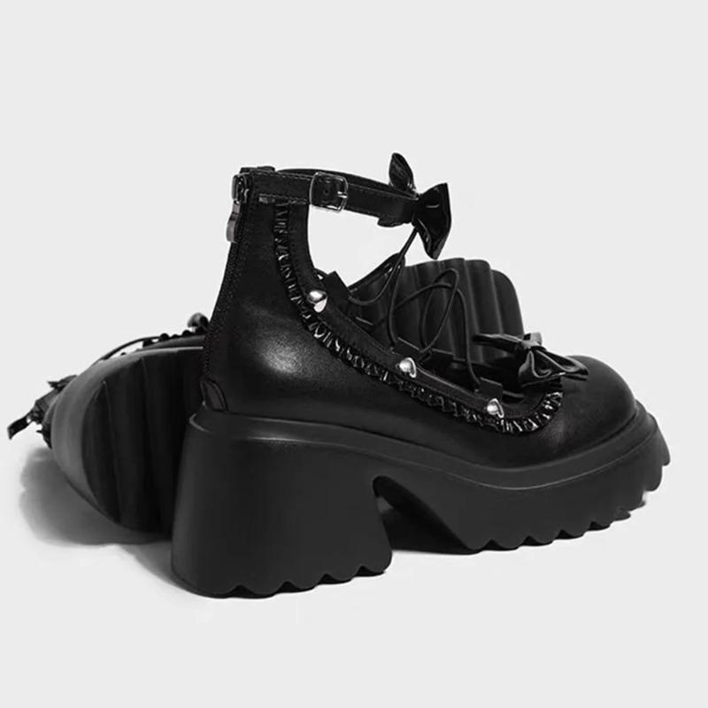 2025 Y2k Black Gothic Mary Janes Casual Pumps Chunky High Heels Goth Bow Tie Decor Lolita Platform Shoes Women
