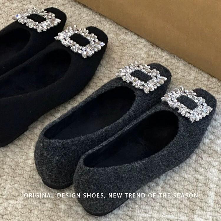 Invisible height increase of 5 cm Korean niche fairy shallow mouth rhinestone woolen single shoes femininity winter wear woolen shoes