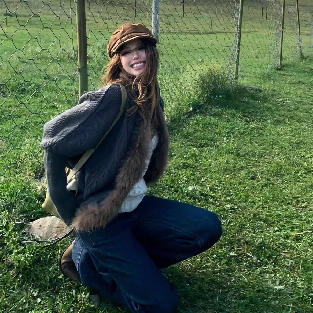 American Spice Girl Fluffy Open Neck Long Sleeve Jacket Women's Autumn Premium Design Sense Small Loose and Skinny Casual Top