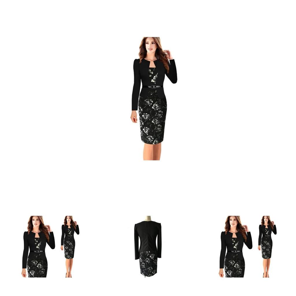 Women Splice Long Sleeve Belt Work Business Cocktail Formal Gown Dress Pencil