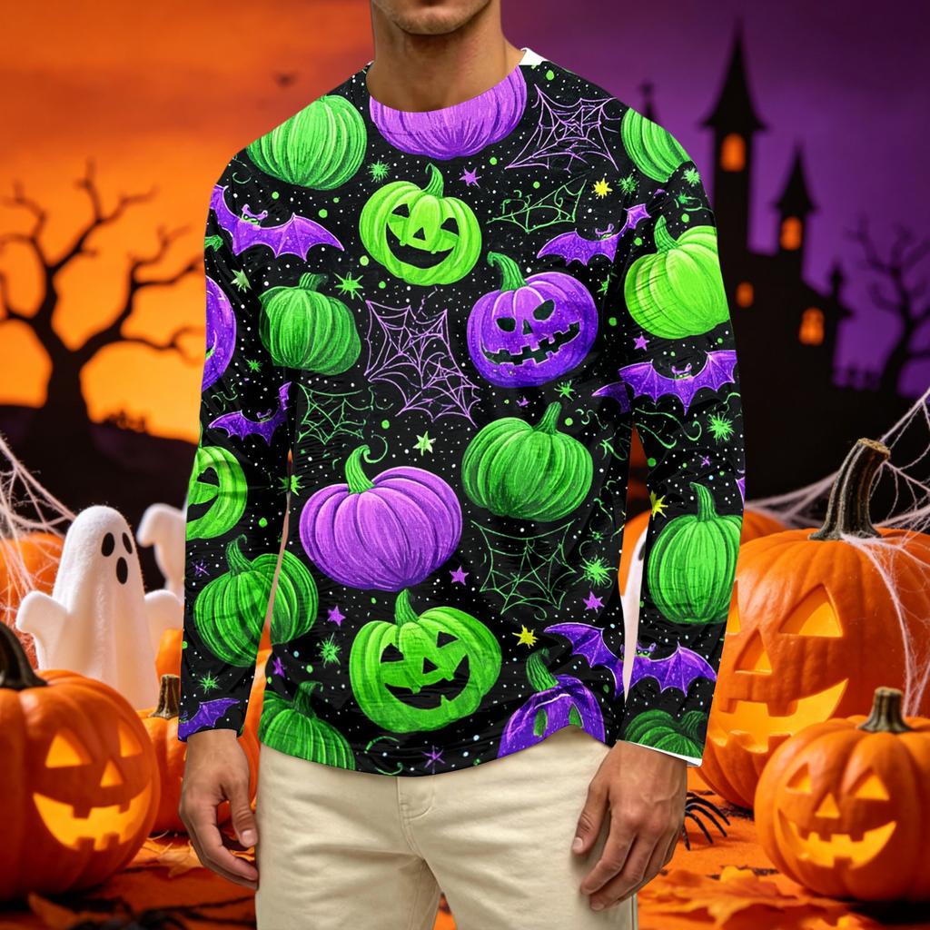 Men's Casual Long Sleeve T Shirt Crew Neck Halloween Pumpkin Print Lightweight Comfortable Fit Top for Everyday Wear