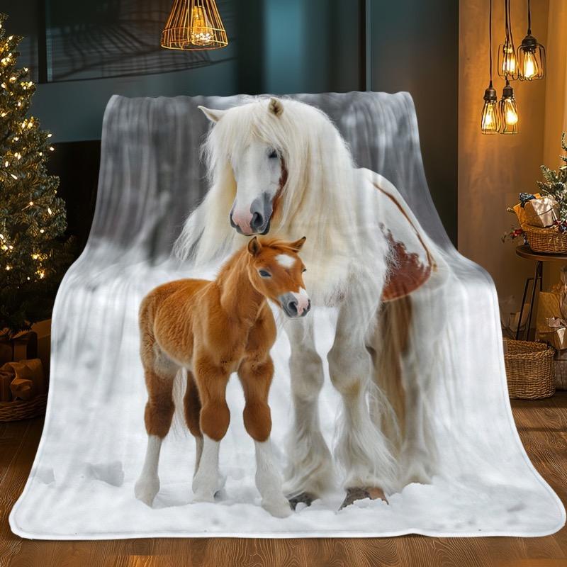 1 peça Cavalo Branco e Potro com Padrão de Neve Manta com Impressão HD - Manta Leve de Flanela para Sofá Cama Viagem Sala de Estar Escritório