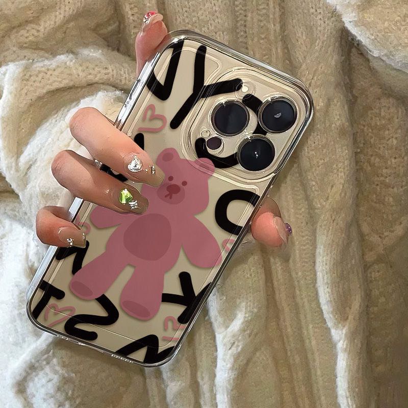 Ins Korean  Lovely Pink Bear Phone Case for IPhone 16 Pro Max 15 14 13 12 11 Pro Max 14 15 Plus Y2K Soft Anti Fall Phone Case