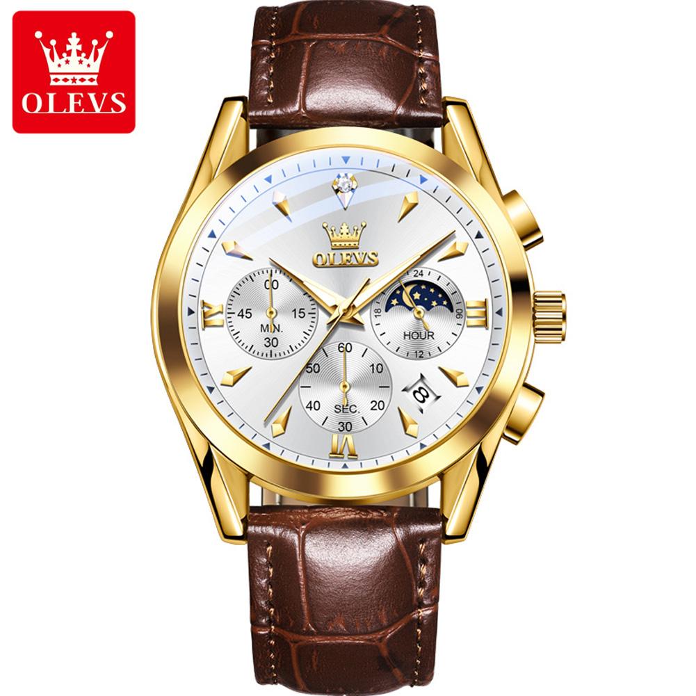OLEVS 3609 Luxury Leather Quartz Mens Wristwatches Original Moon Phase Chronograph Waterproof Luminous Watch for Men Reloj Mujer