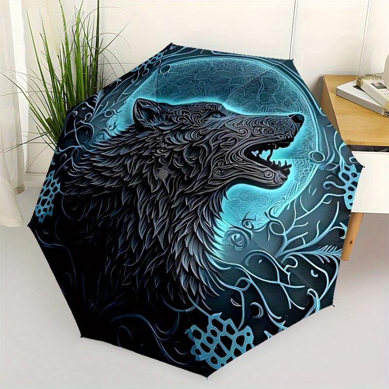 1pc Wolf Moon Compact Travel Umbrella, Automatic Folding Lightweight Windproof 8-Bone Reinforced Design, Portable for Backpack Durable Canop