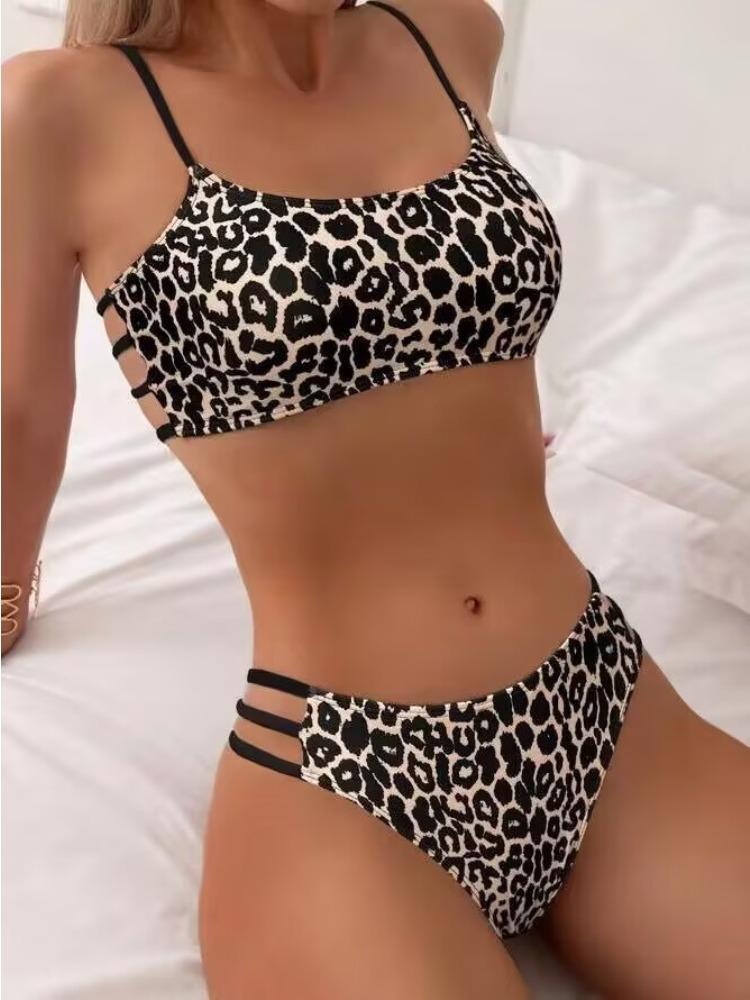 Women s Sexy Split Body Swimsuit Solid Color Printed Bow High Waisted Two-piece Swimsuit S