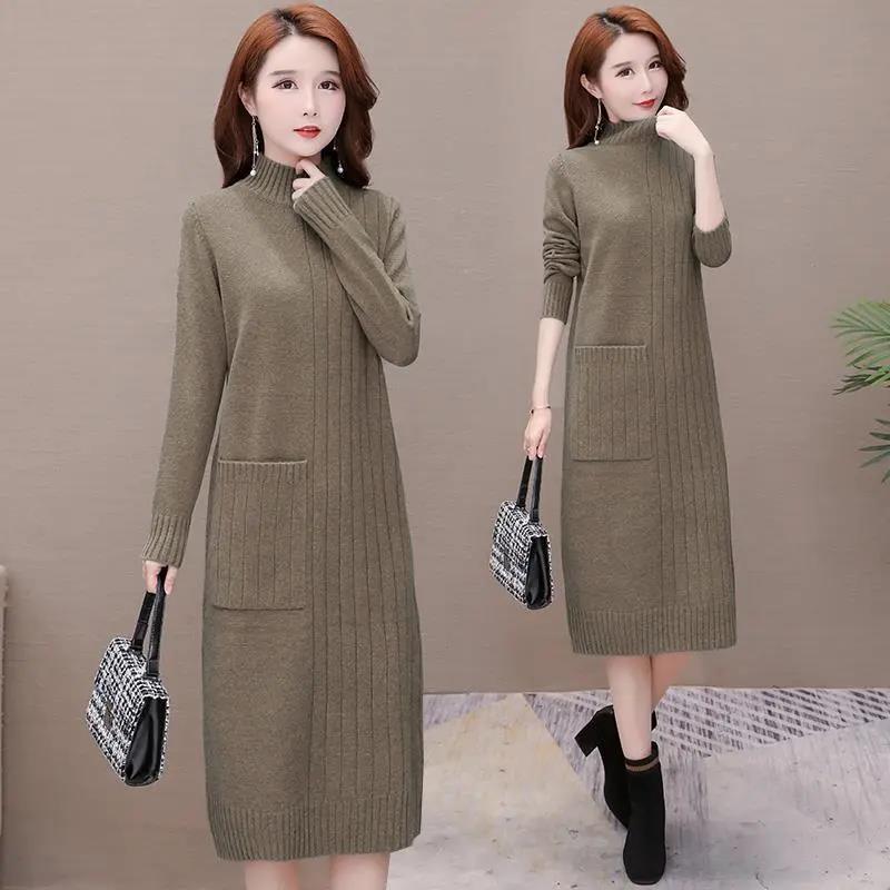 Knitted Dress for Women In Autumn and Winter Korean Style Loose Mid-length Pullover Solid Color Half Turtleneck Sweater Dress