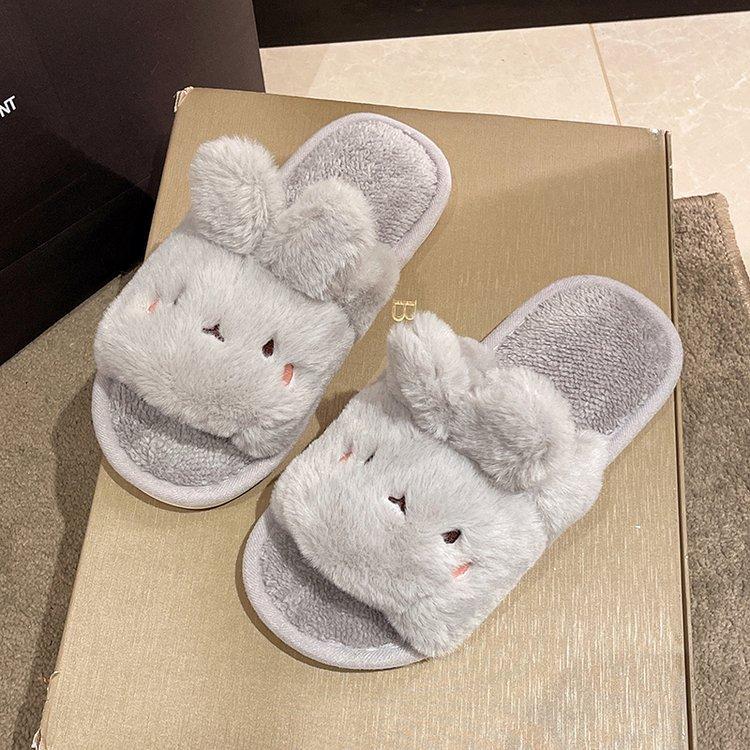 Fashion 2025 Autumn New Home Cartoon Rabbit Cotton Slippers Female Flat Bottom Plush Solid Color Soft Indoor Slides Casual Women's Shoes