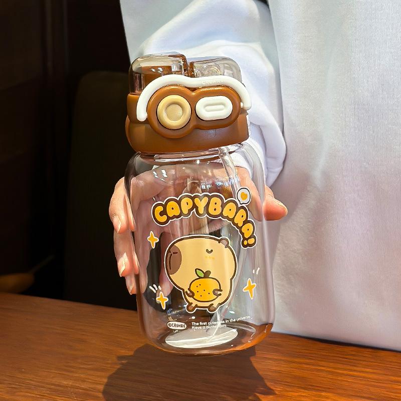 Cute new glass, male and female students double drinking straw cup, school water cup, portable high-value high-temperature resistant cup 580ML