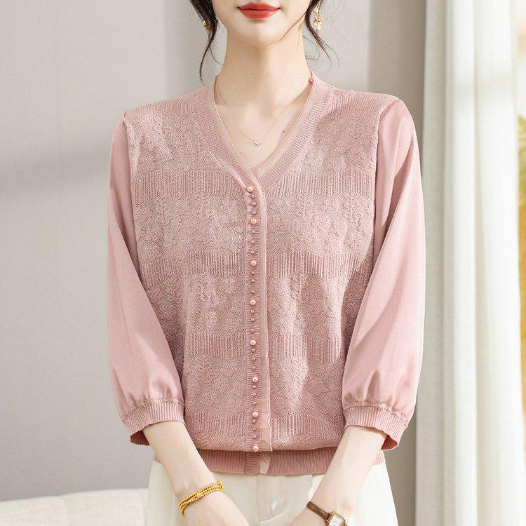 

Women s Lace Patchwork V-Neck 3/4 Sleeve Slimming Top for Middle-Aged and Elderly XL (suggested 45-57.5 kg) розовый