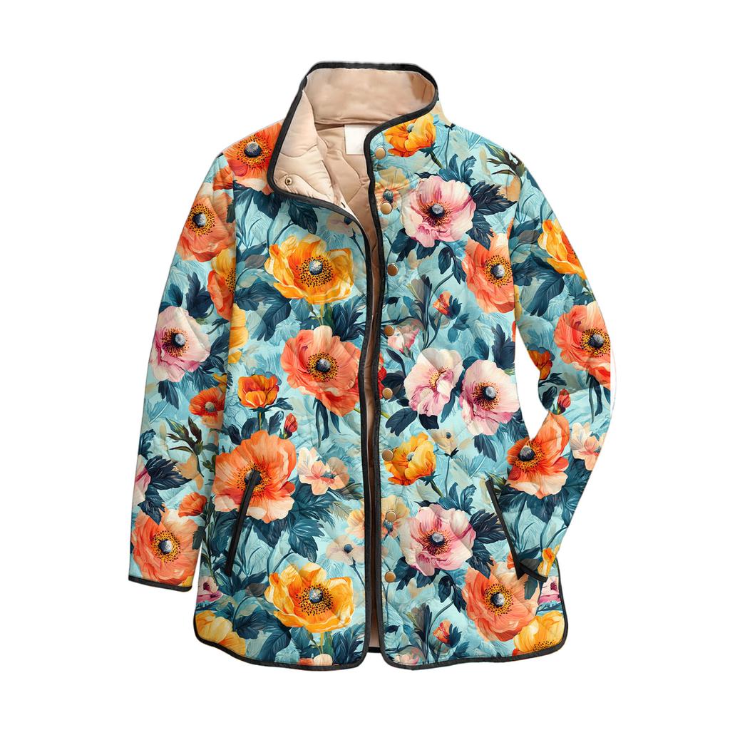 Women's Floral Print Stand Up Collar Pleated Cotton Long Sleeved Button Cotton Jacket