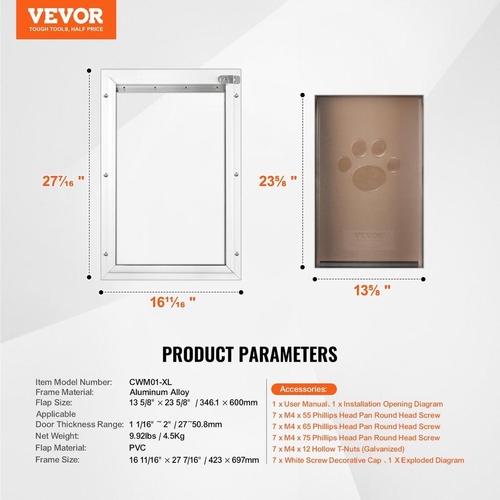 Pet Door for Door with Lock and Magnetic Flap System Aluminum Frame XL