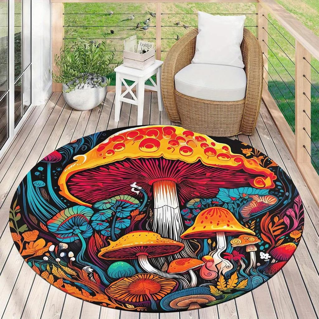 Cute Mushroom Round Area Rug – Soft Washable Carpet for Bedroom or Entryway – Non-Slip Floor Mat, Nature-Inspired Balcony Decor
