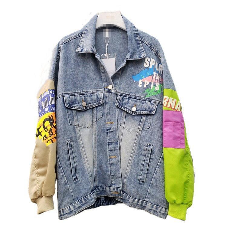 European Station Spring and Autumn New Alphabet Printing Contrast Color Splicing Loose Versatile Denim Jacket Women s Cross-border Trend Brand M