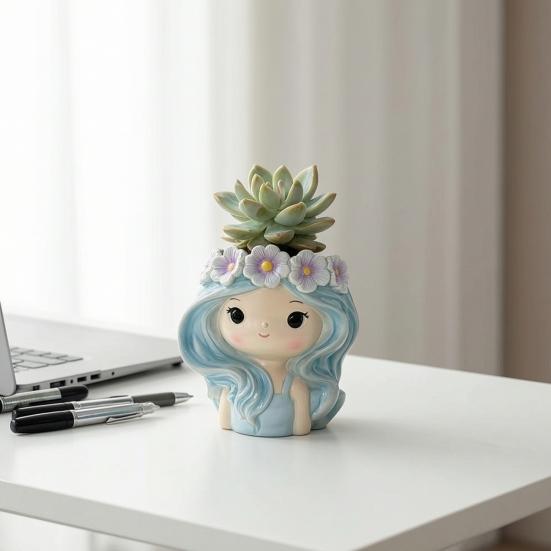 Cartoon Face Planter for Cacti Cute Girl Planter, Blue Hair Garland Head Indoor Plants Decorative Resin Plant Pot Succulents Healing Aesthetic