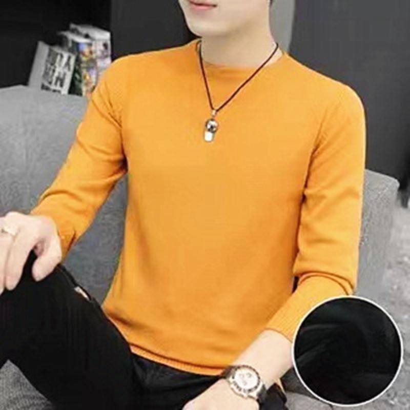 Herren Rundhals-Pullover Herbst und Winter Große Größe Locker Gestrickter Pullover Einfarbig Inneres Langarm-Unterhemd Warmhalten Top
