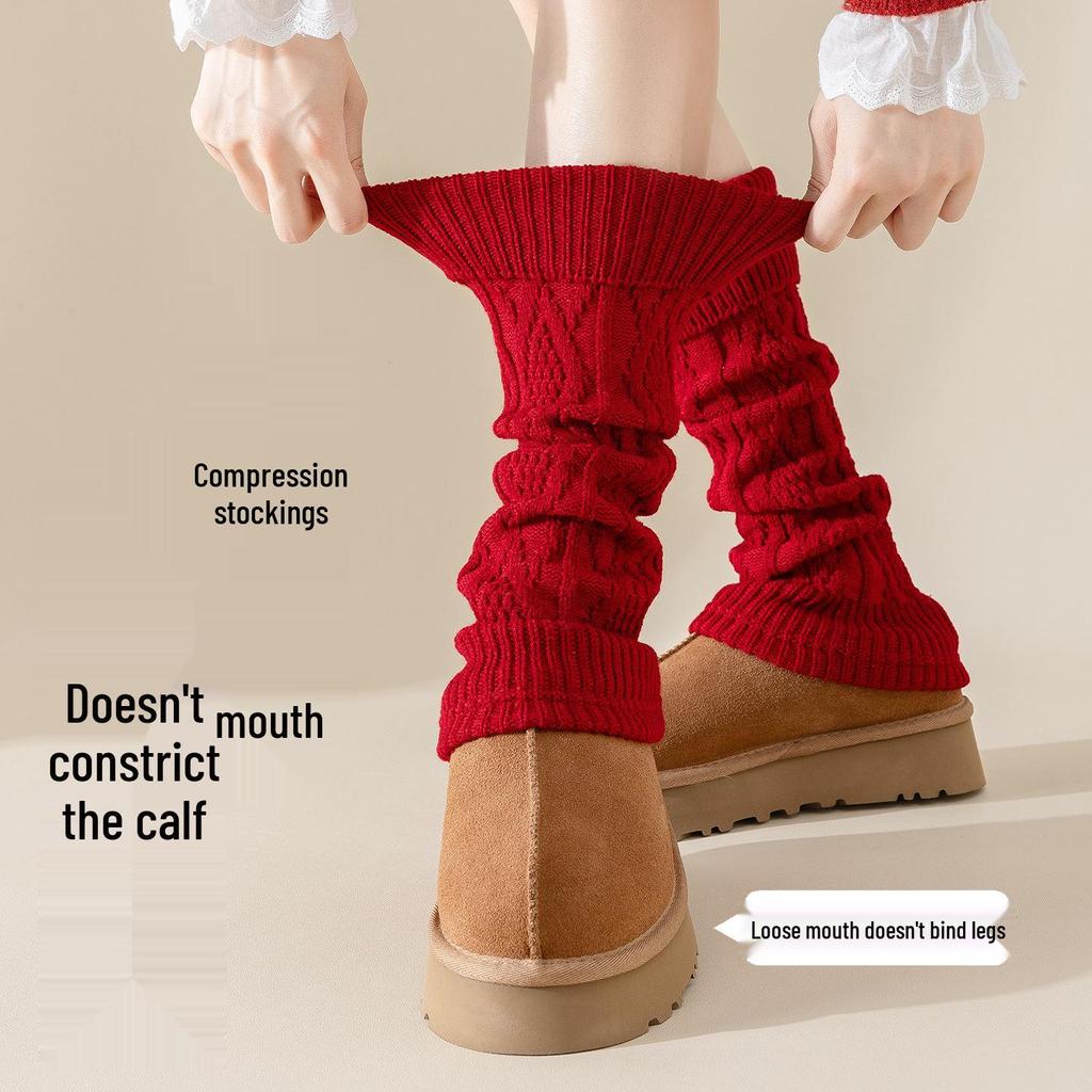 Women's Red Wool Scrunch Socks - Benming Year Spring & Autumn Warm Japanese Y2K Christmas Stockings