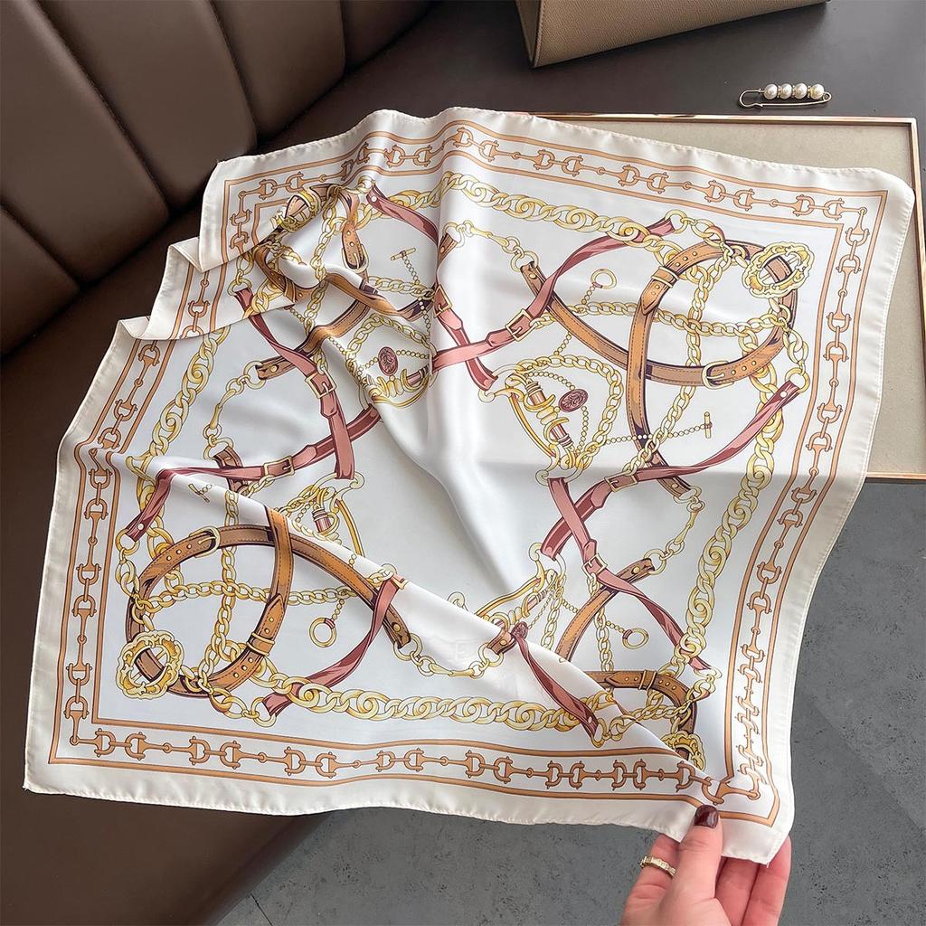 Luxury Brand Silk Satin Head Scarf For Women Chain Print Kerchief Neck Scarfs 70cm Square Shawls and Wrpas Scarves For Ladies