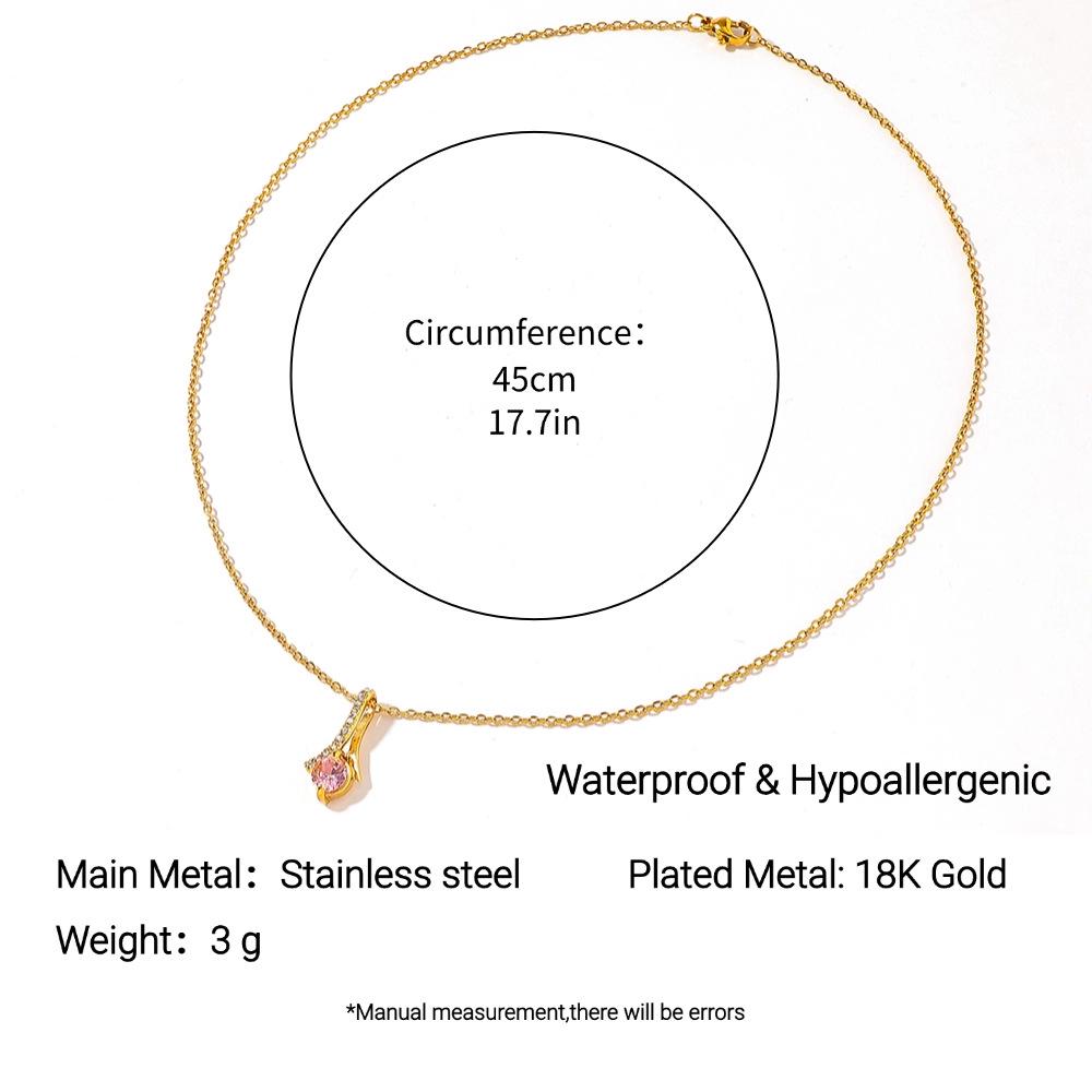 18K Gold-Plated Stainless Steel & Titanium Necklace with Pink Zircon - European American Style, Fade-Resistant