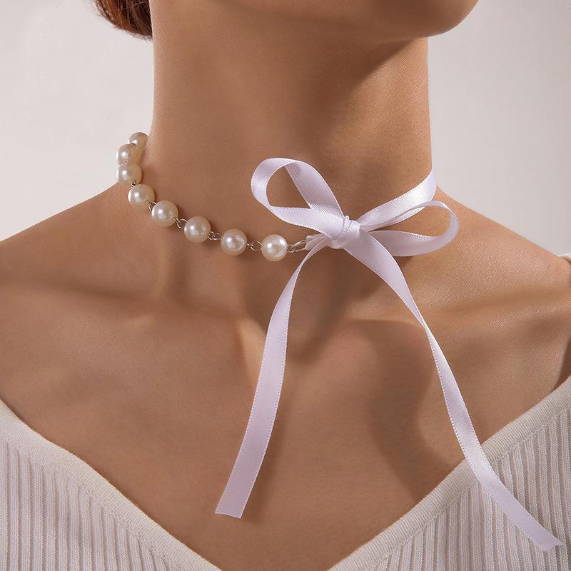Accessories Baroque pearl round bead necklace black ribbon bow choker temperament strap female