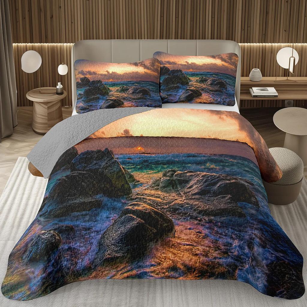 Natural Scenery Bedspread, Sunrise Landscape Coverlet Set,Twin Full Queen King Quilted Bedding Set for Girls Teens Women Bedroom