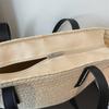 Borsa Tote in Paglia Intrecciata con Manici in Pelle Nera Grande Capacità Borsa da Spiaggia Estiva Borsa a Mano Casual da Donna per Uso Quotidiano