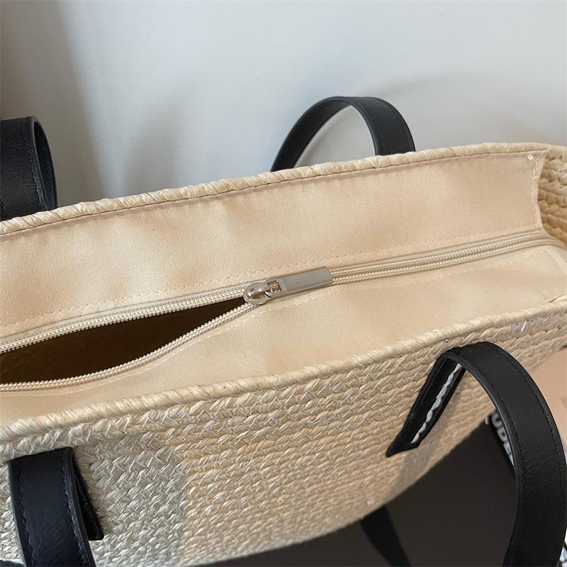 Borsa Tote in Paglia Intrecciata con Manici in Pelle Nera Grande Capacità Borsa da Spiaggia Estiva Borsa a Mano Casual da Donna per Uso Quotidiano