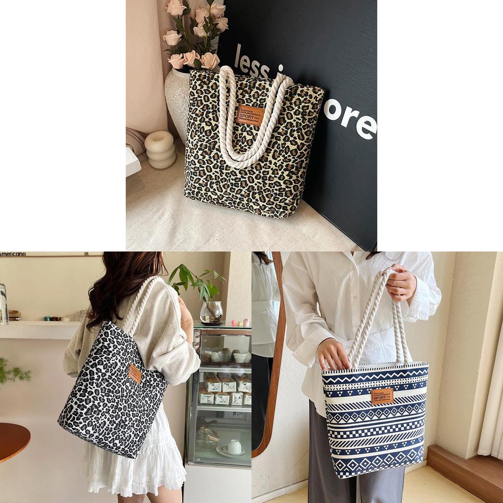 Canvas Bucket Bag With Leopard Print And Geometric Pattern For Urban Women Daily Use