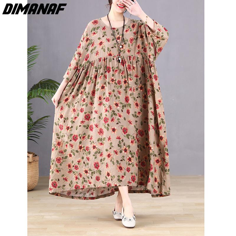 Dimanaf Plus Größe Frauen 2023 Neue Sommer Stil Kleid Lange Hülse O-ansatz Floral Lose Kleid Grün Leinen Grund Kleider