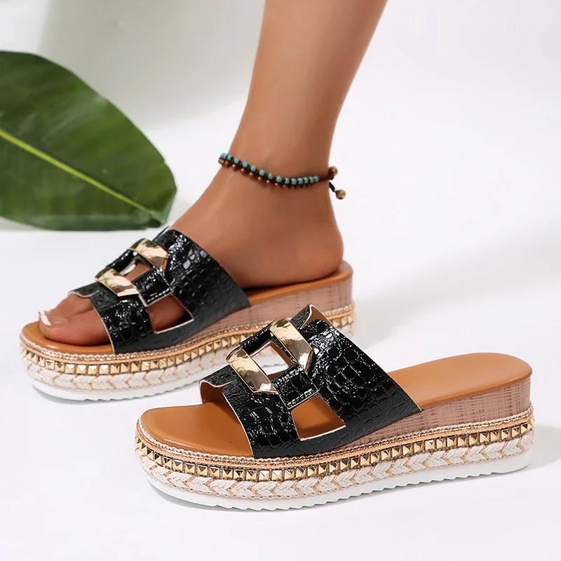 Fashion Platform Wedge Sandals for Women 2025 Summer Square Toe Thick Bottom Slippers Woman Plus Size Rivets Decor High Heel Sandles New