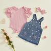 3Pcs Girl Valentine S Outfit Ruffle Short Sleeve Crew Neck Romper Heart Overall Dress and Headband Set
