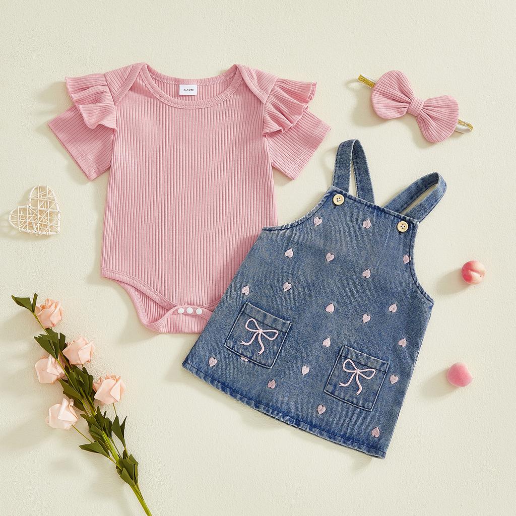 3Pcs Girl Valentine S Outfit Ruffle Short Sleeve Crew Neck Romper Heart Overall Dress and Headband Set