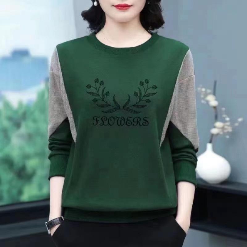 Autumn Winter Women's Cotton Patchwork Round Neck Plus Size Long Sleeve Printed Sweatshirt for Middle-Aged Moms