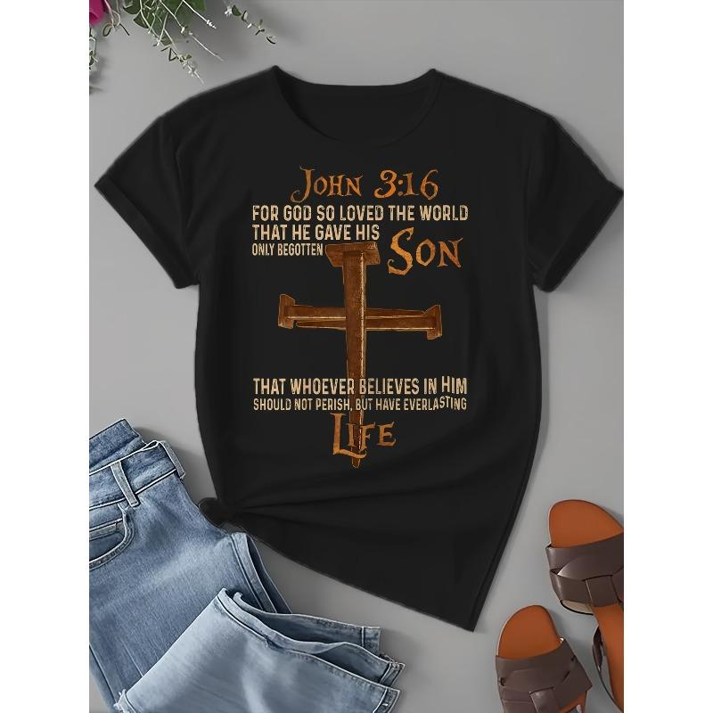 

Women s John 3:16 Cross Christian Faith Vintage Casual Short Sleeve Crew Neck Church Tee 4XL