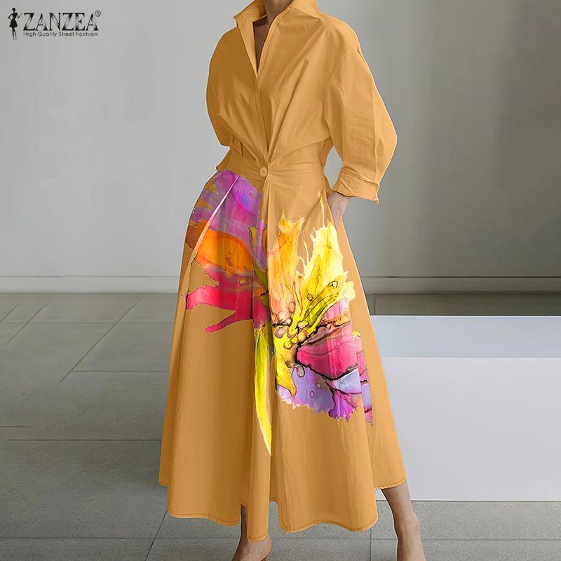 ZANZEA Women Turn Down Collar Loose Casual Long Sleeve Print Shirt Dress