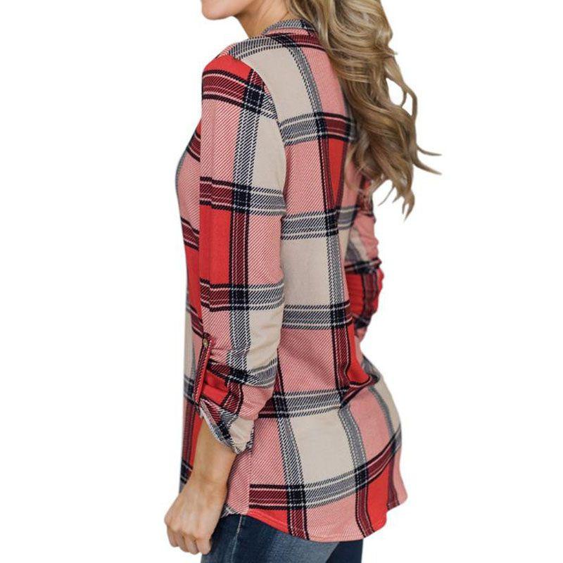 Women Vintage V-neck Loose Tops Long Sleeve Stylish T-shirt With Plaid Casual Design