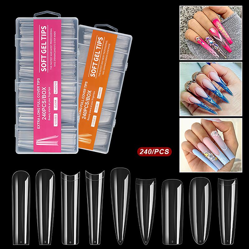 240Pcs/Box Fake Nails Clear Super Long False Nail Acrylic Artificial Nail For Extension Manicure Charms Nail Tips Art Salons