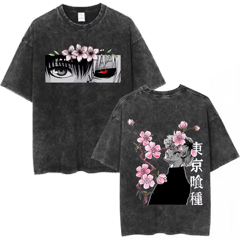 Anime Tokyo Ghoul Kaneki Ken Vintage Washed T Shirt Men Women Clothing Fashion T-shirt High Quality Cotton Short Sleeve T-shirts