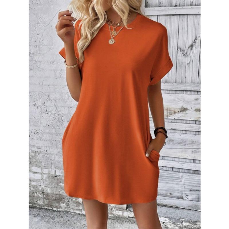 Women Casual Solid Color Round Neck Bat Sleeve Invisible Pocket Loose Short Sleeved Dress