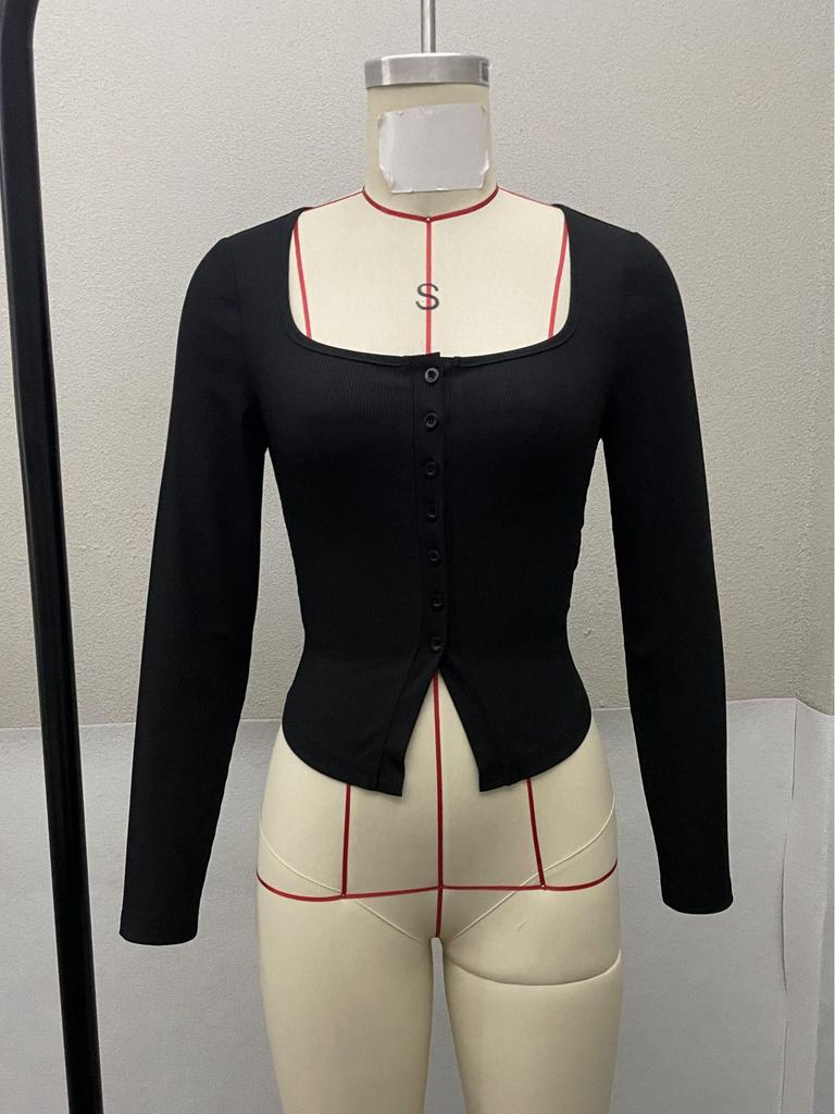 Women's Knitwear Top - Square Neck, Long Sleeve, Buttoned: Perfect for Autumn/Winter Y2K Style
