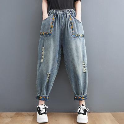 High Waist Boyfriend Jeans Women Spring Vintage Streetwear Floral Embroidery Basics Female Denim Harem Pants