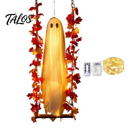 Creepy Hanging Figurines Light Up Swinging Ghost Halloween Decoration with Remote Control, Large White Spooky Outdoor Yard Decor Ornament Maple Leaves